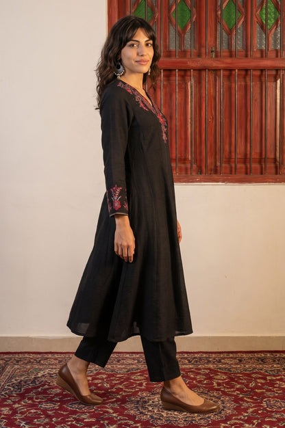 Black Thread Embroidered A-line Winter Kurta with Pants and Shawl Set