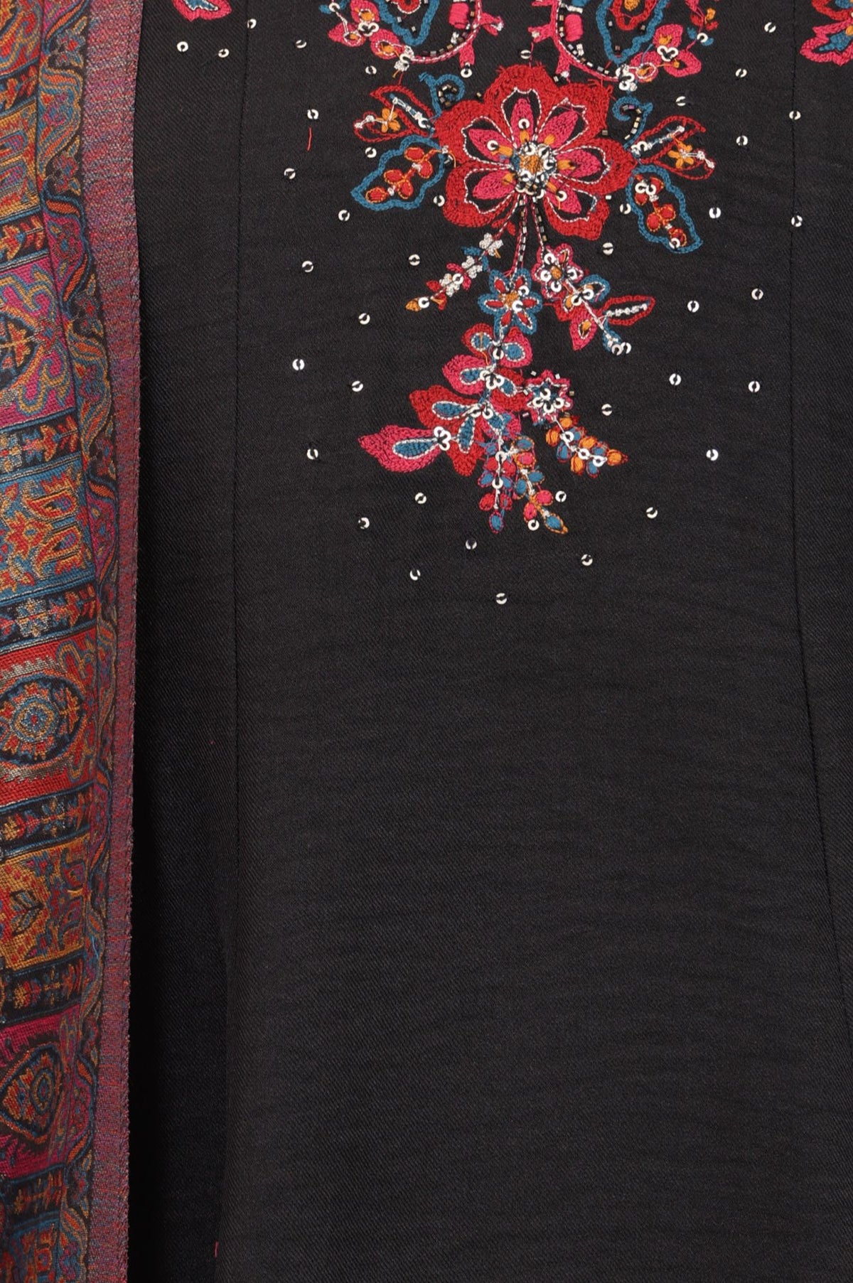 Black Thread Embroidered A-line Winter Kurta with Pants and Shawl Set