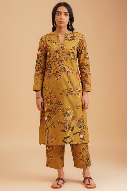 Mustard Floral Printed Pure Cotton Straight Winter Kurta with Straight Pant Set