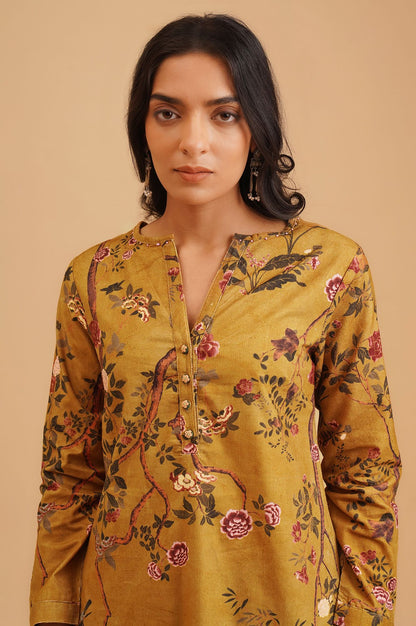 Mustard Floral Printed Pure Cotton Straight Winter Kurta with Straight Pant Set