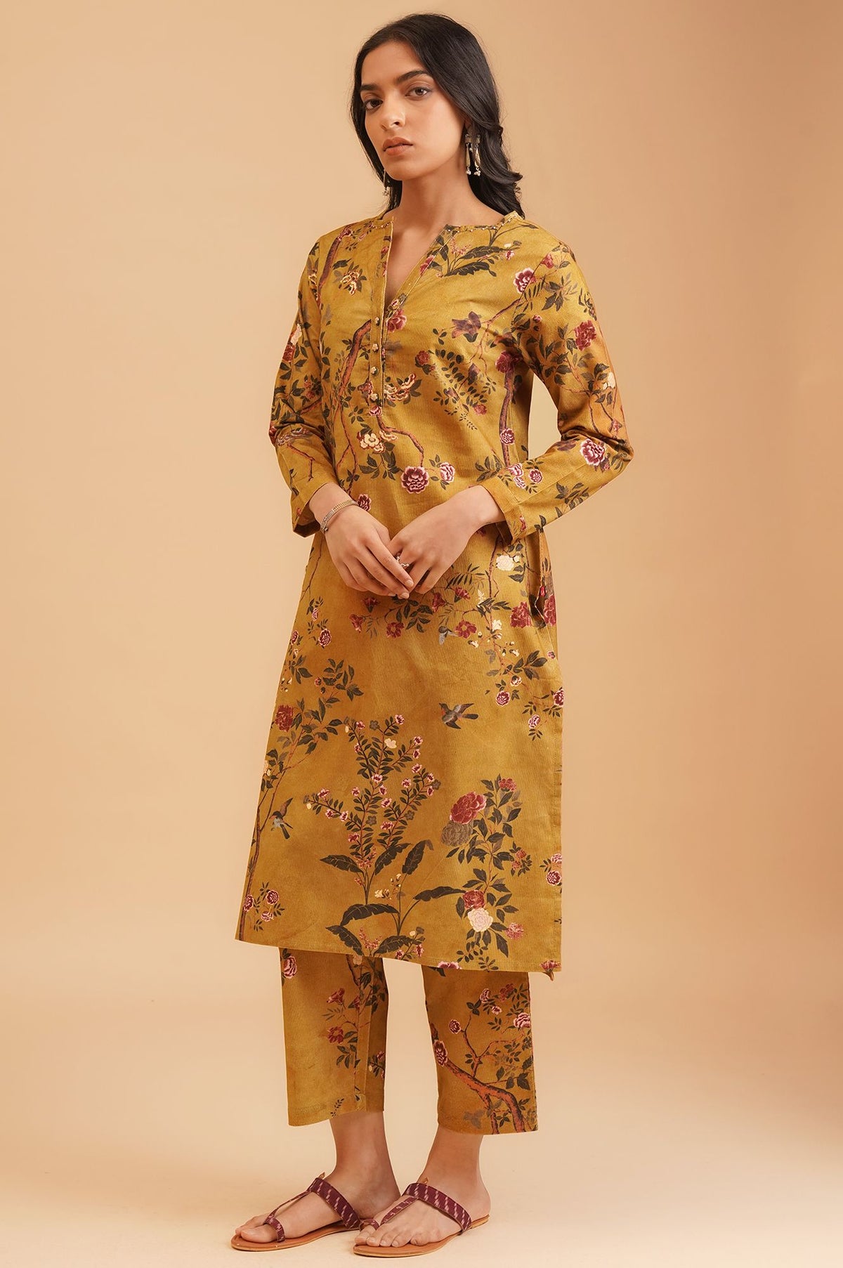 Mustard Floral Printed Pure Cotton Straight Winter Kurta with Straight Pant Set