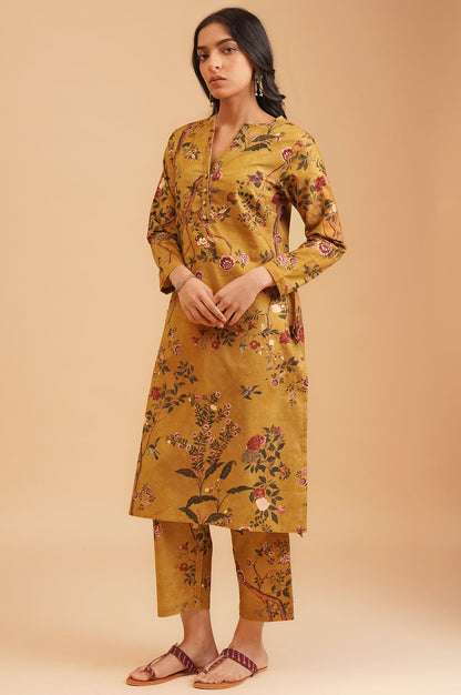 Mustard Floral Printed Pure Cotton Straight Winter Kurta with Straight Pant Set