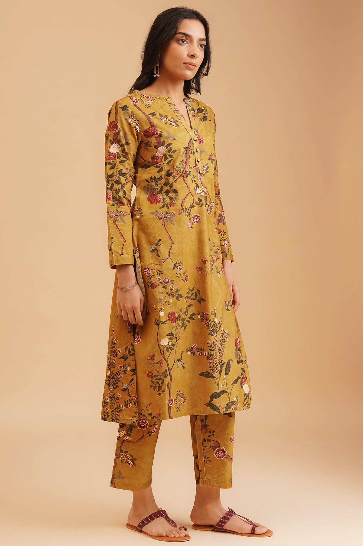 Mustard Floral Printed Pure Cotton Straight Winter Kurta with Straight Pant Set