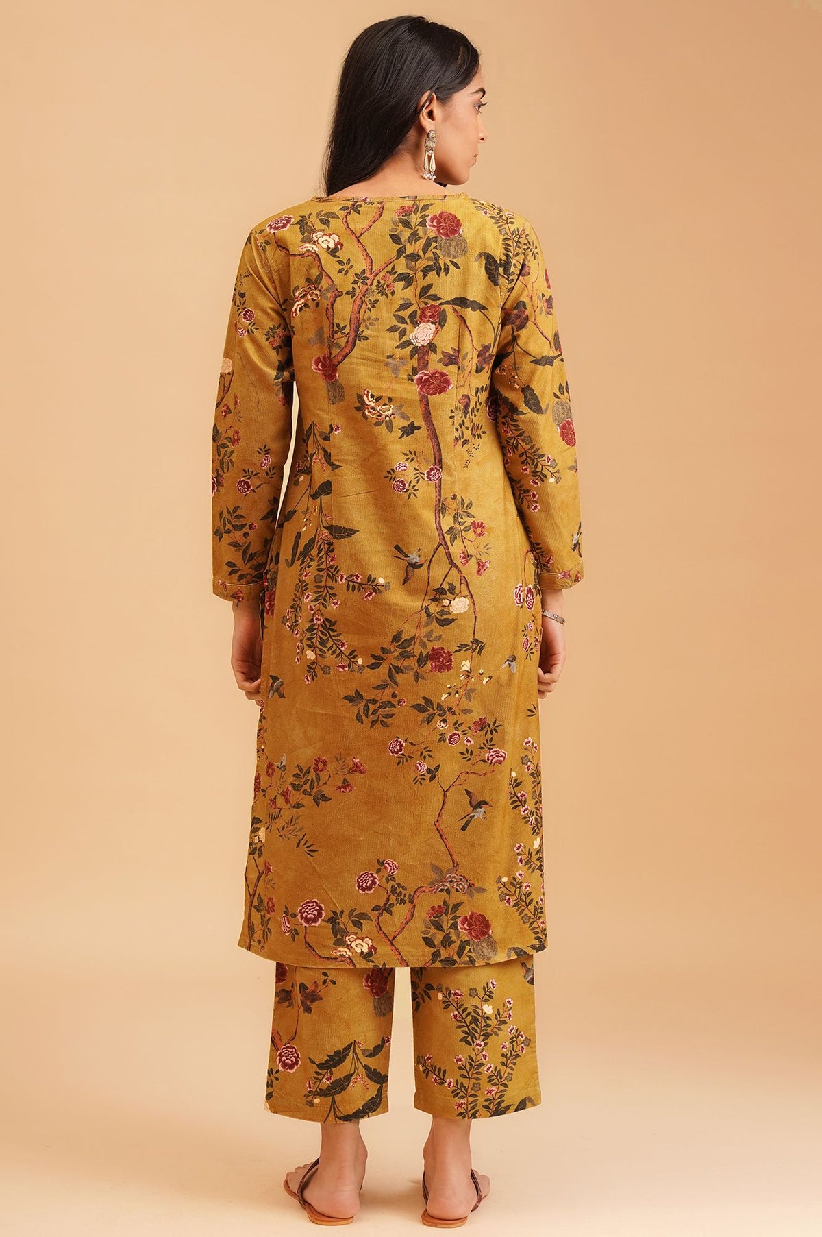 Mustard Floral Printed Pure Cotton Straight Winter Kurta with Straight Pant Set