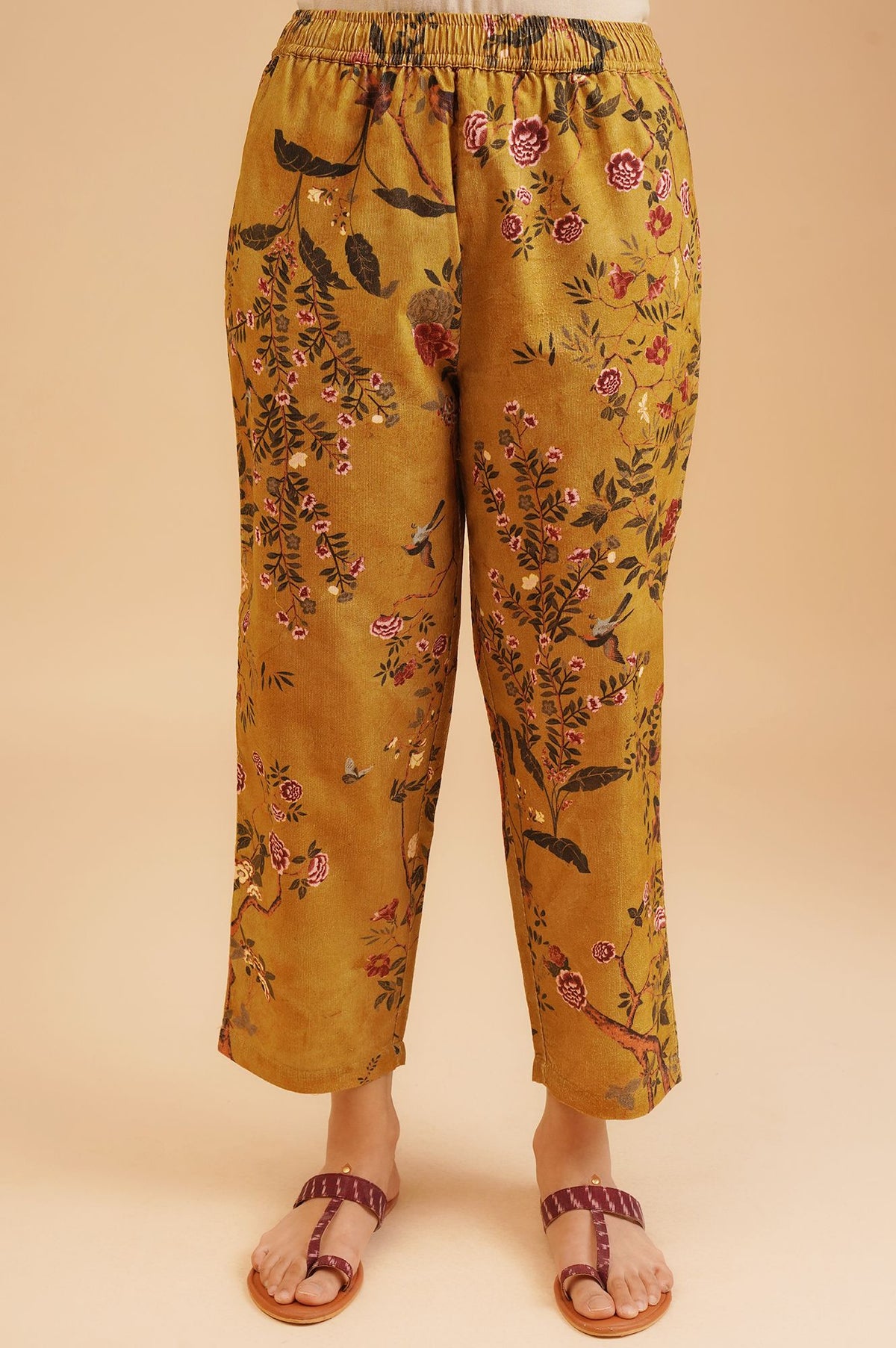Mustard Floral Printed Pure Cotton Straight Winter Kurta with Straight Pant Set
