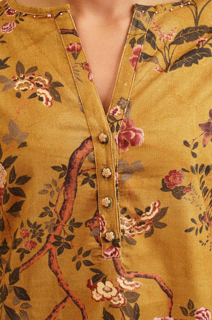 Mustard Floral Printed Pure Cotton Straight Winter Kurta with Straight Pant Set