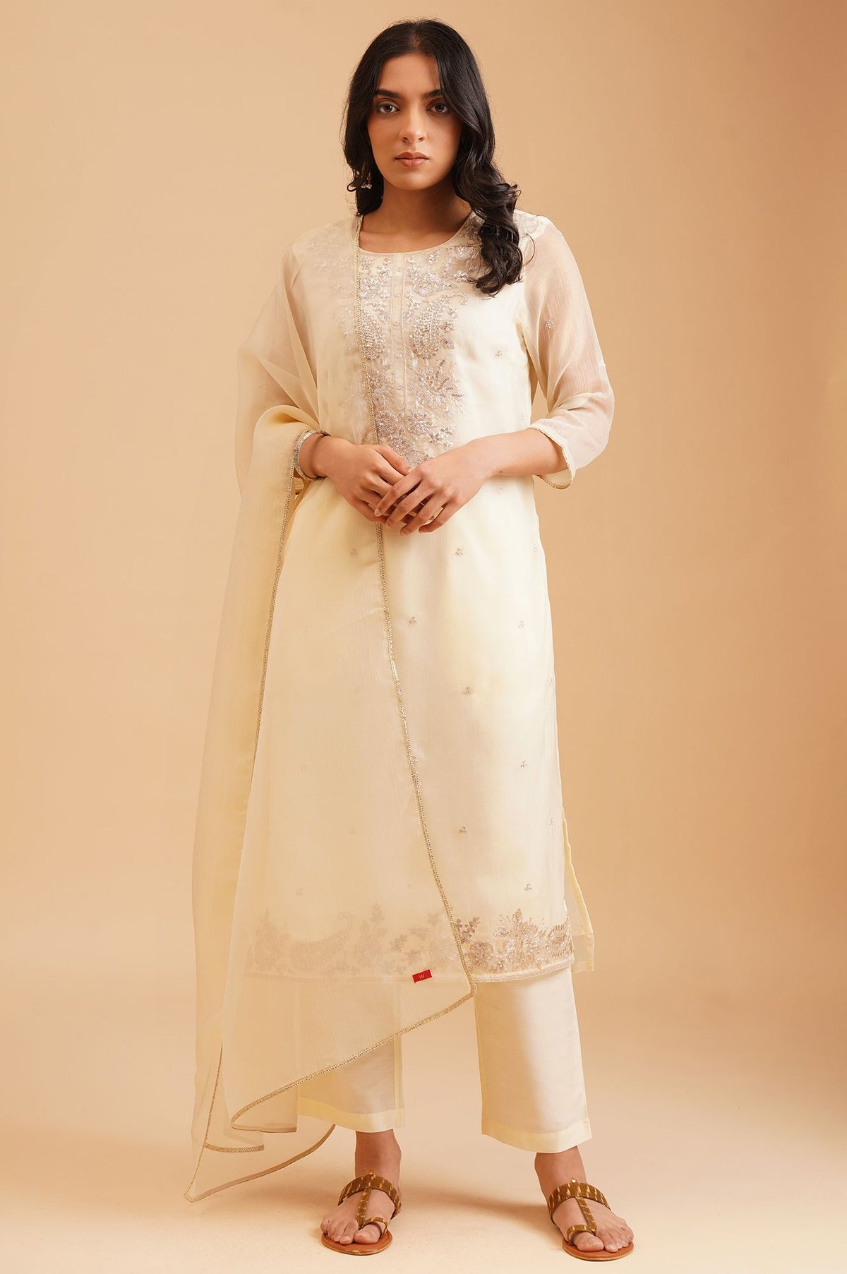 Cream Sequins Embroidered Water Chiffon Straight Kurta with Straight Pants and Dupatta Set