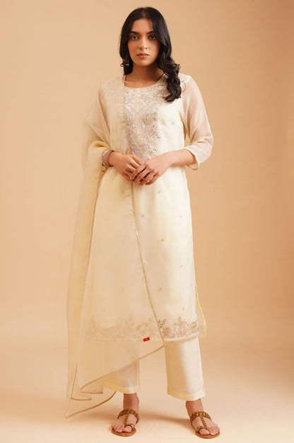 Cream Sequins Embroidered Water Chiffon Straight Kurta with Straight Pants and Dupatta Set