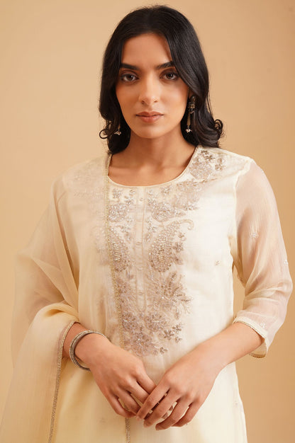 Cream Sequins Embroidered Water Chiffon Straight Kurta with Straight Pants and Dupatta Set