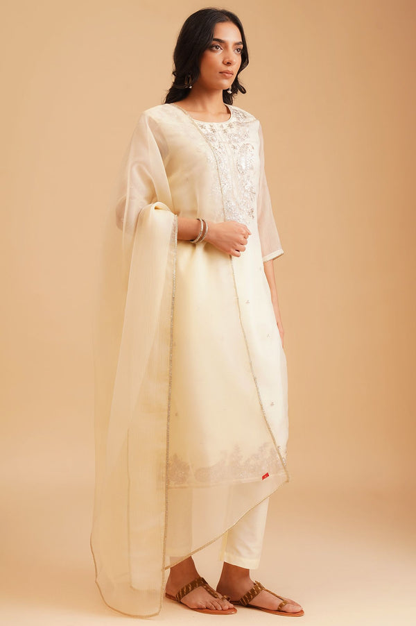 Cream Sequins Embroidered Water Chiffon Straight Kurta with Straight Pants and Dupatta Set