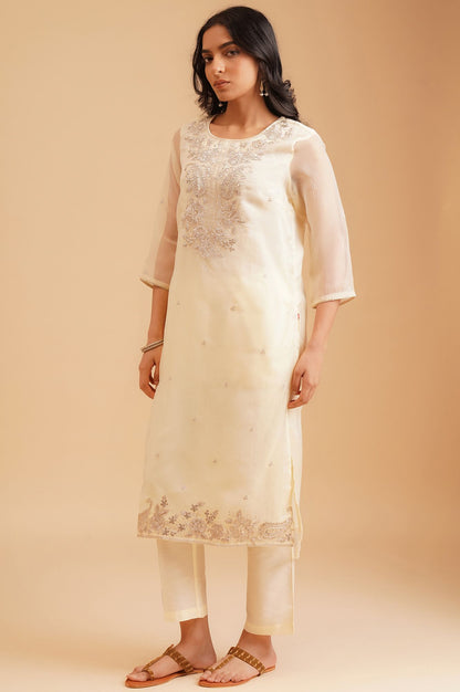 Cream Sequins Embroidered Water Chiffon Straight Kurta with Straight Pants and Dupatta Set