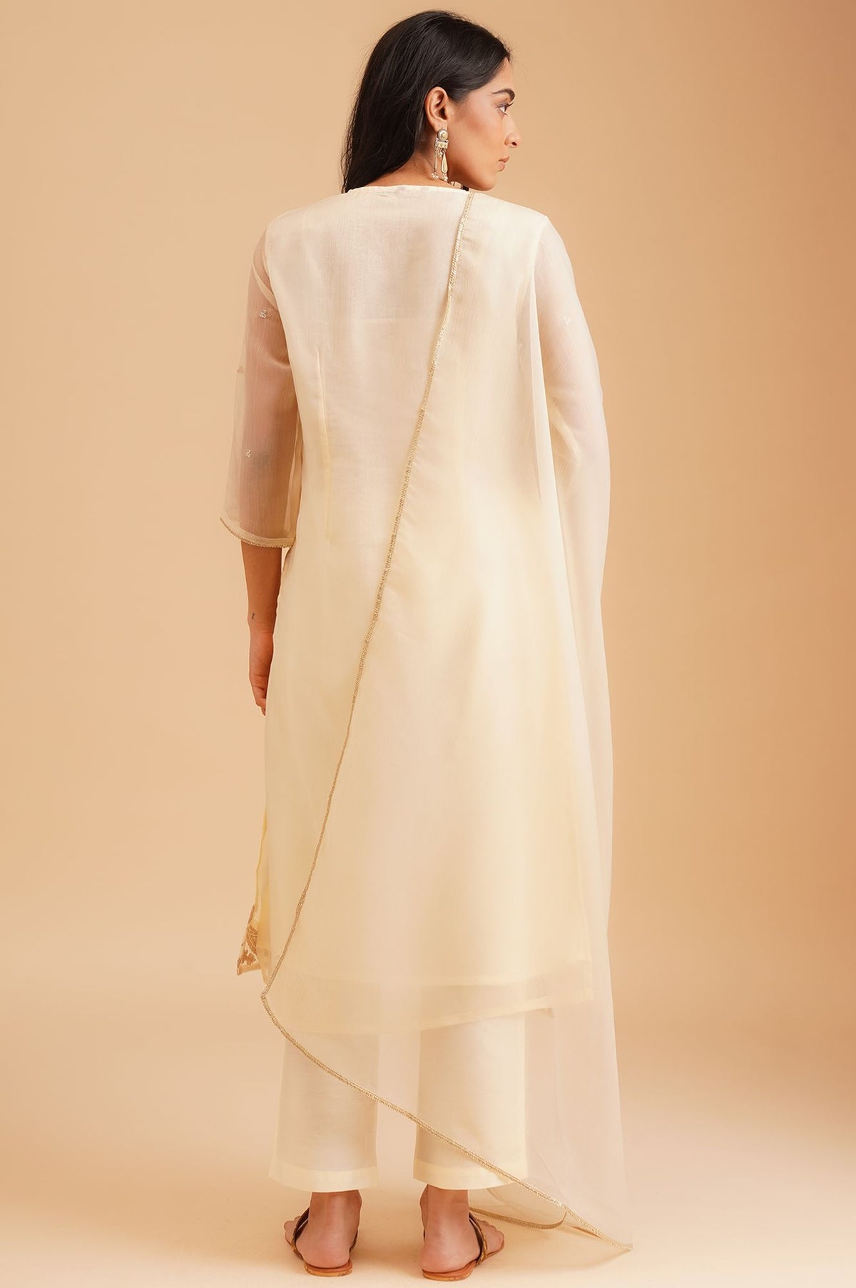 Cream Sequins Embroidered Water Chiffon Straight Kurta with Straight Pants and Dupatta Set