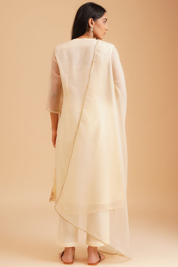 Cream Sequins Embroidered Water Chiffon Straight Kurta with Straight Pants and Dupatta Set
