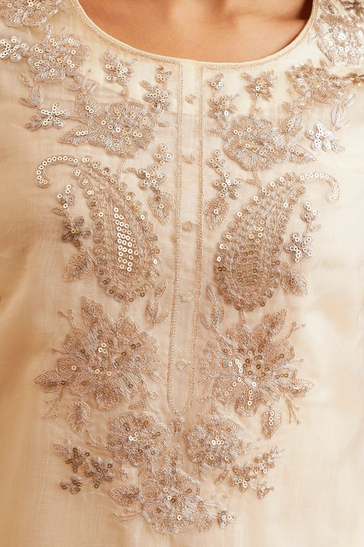 Cream Sequins Embroidered Water Chiffon Straight Kurta with Straight Pants and Dupatta Set