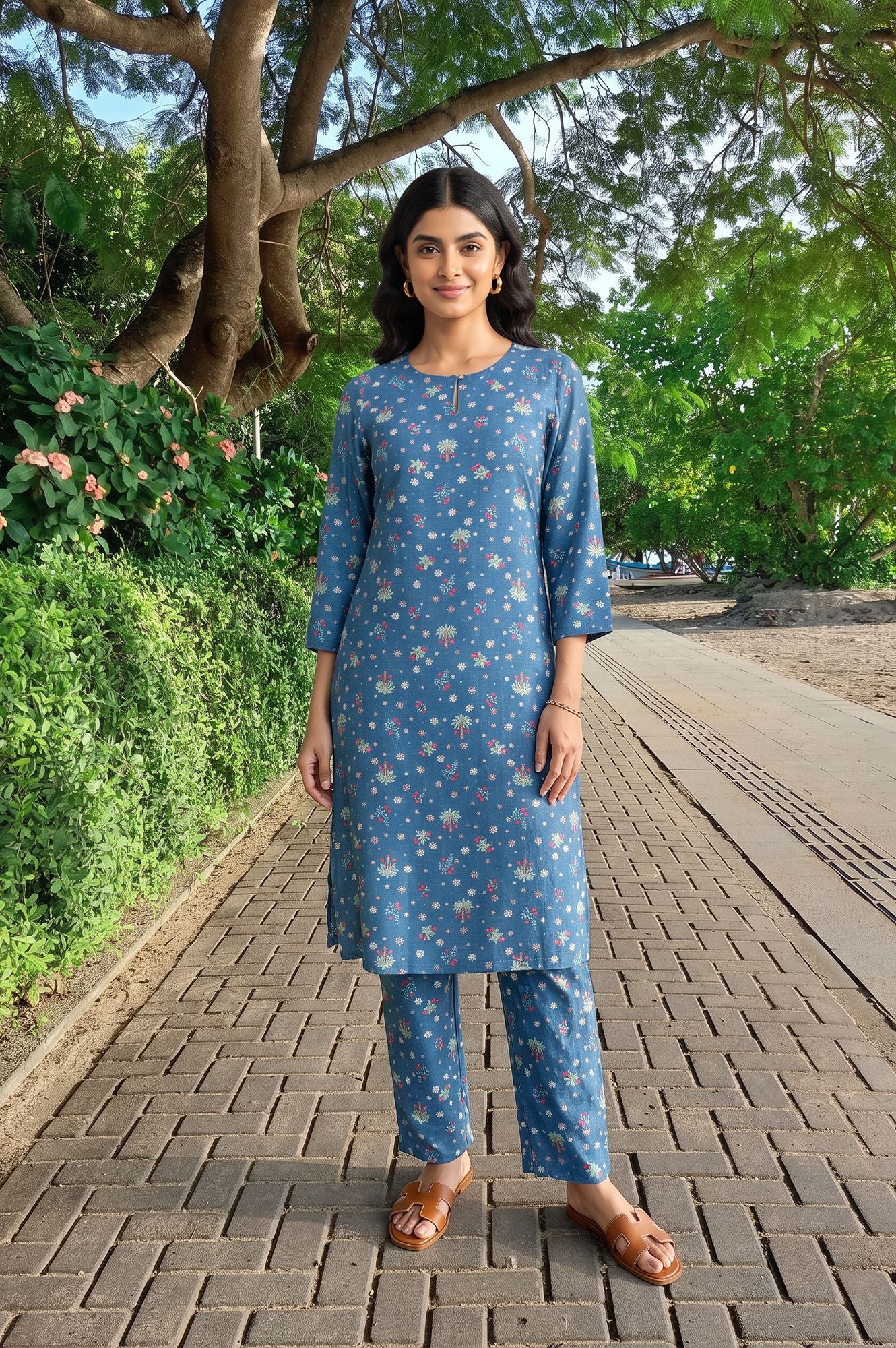 Blue Floral Printed Straight Kurta with Pants Co-ord Set