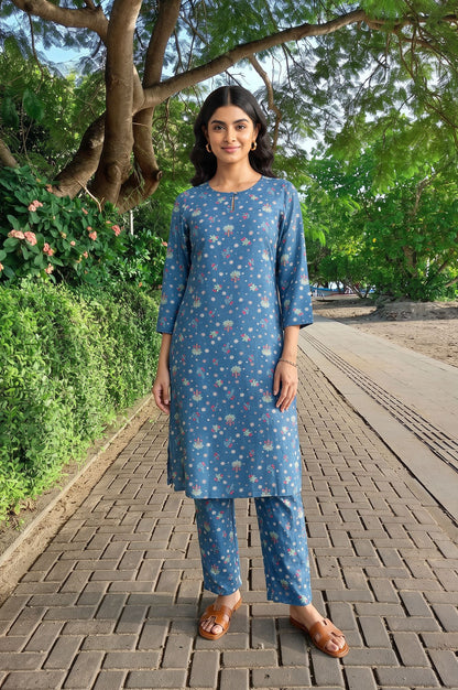 Blue Floral Printed Straight Kurta with Pants Co-ord Set
