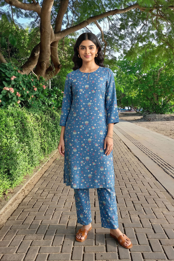 Blue Floral Printed Straight Kurta with Pants Co-ord Set