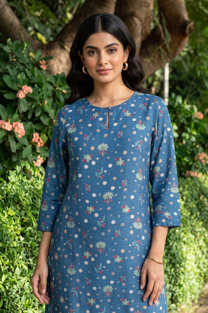 Blue Floral Printed Straight Kurta with Pants Co-ord Set