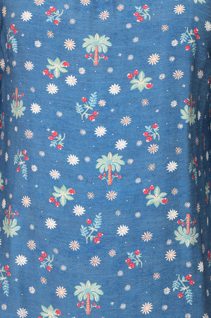 Blue Floral Printed Straight Kurta with Pants Co-ord Set