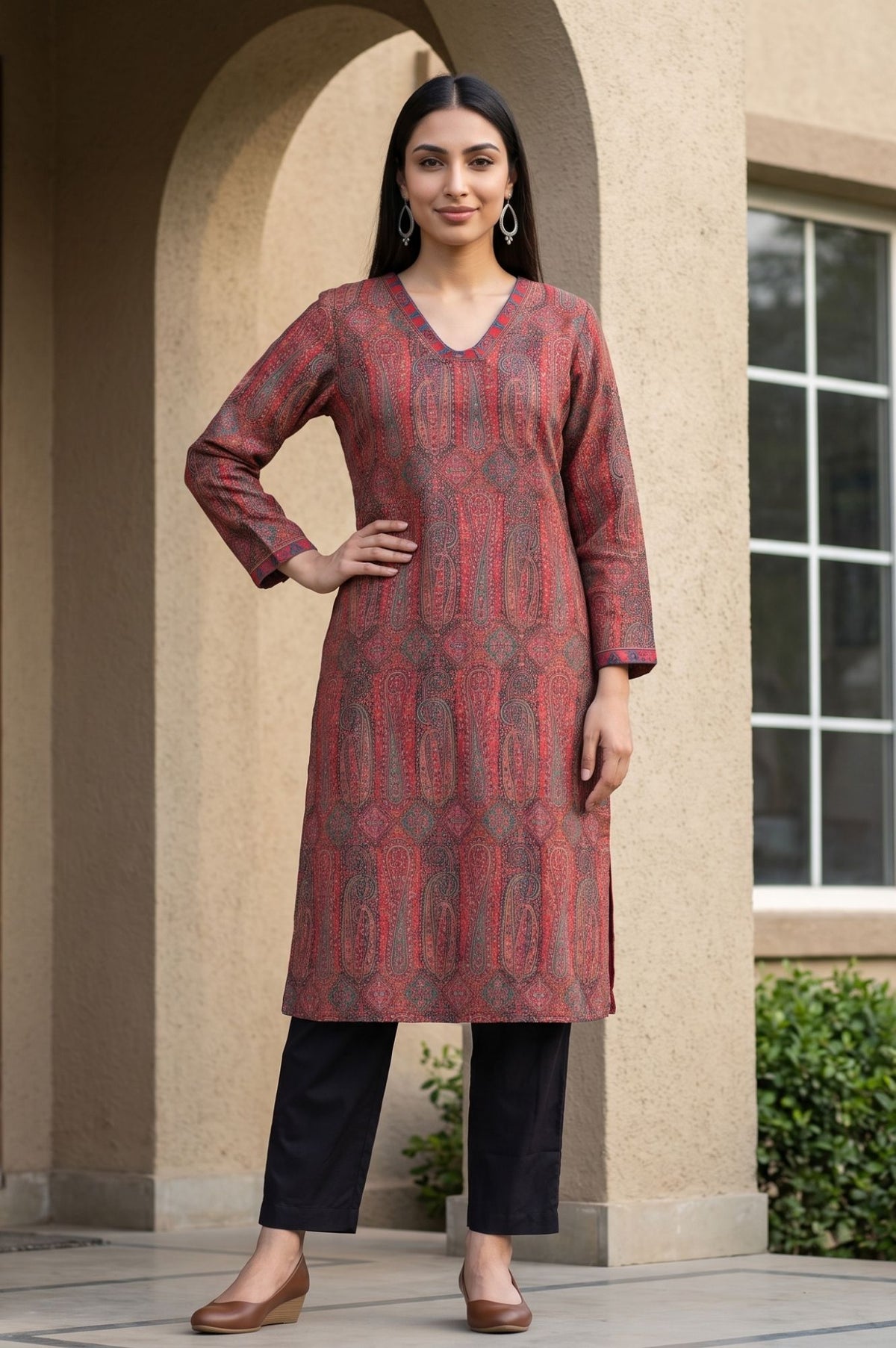 Maroon Jacquard Straight Winter Kurta with Pant Set