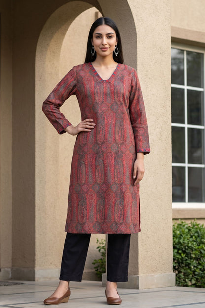 Maroon Jacquard Straight Winter Kurta with Pant Set