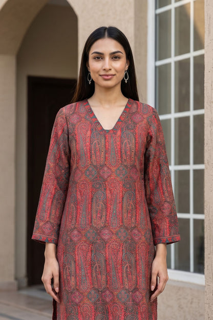 Maroon Jacquard Straight Winter Kurta with Pant Set