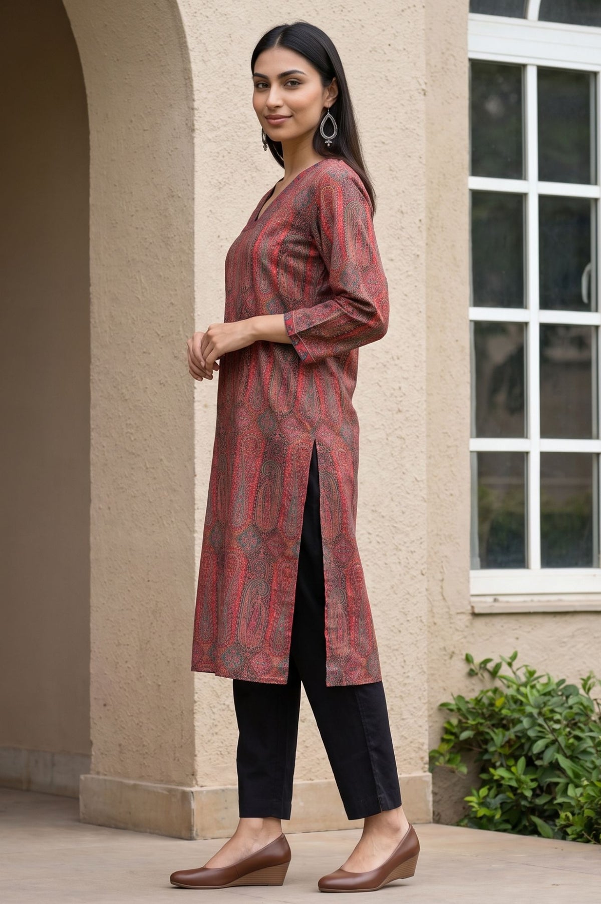 Maroon Jacquard Straight Winter Kurta with Pant Set