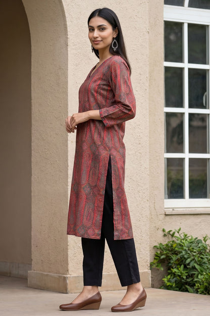 Maroon Jacquard Straight Winter Kurta with Pant Set