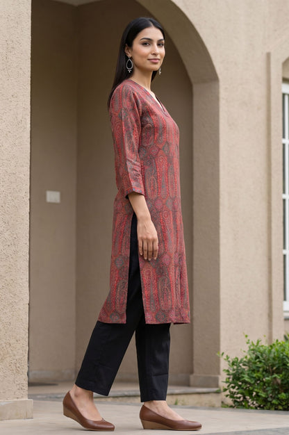 Maroon Jacquard Straight Winter Kurta with Pant Set