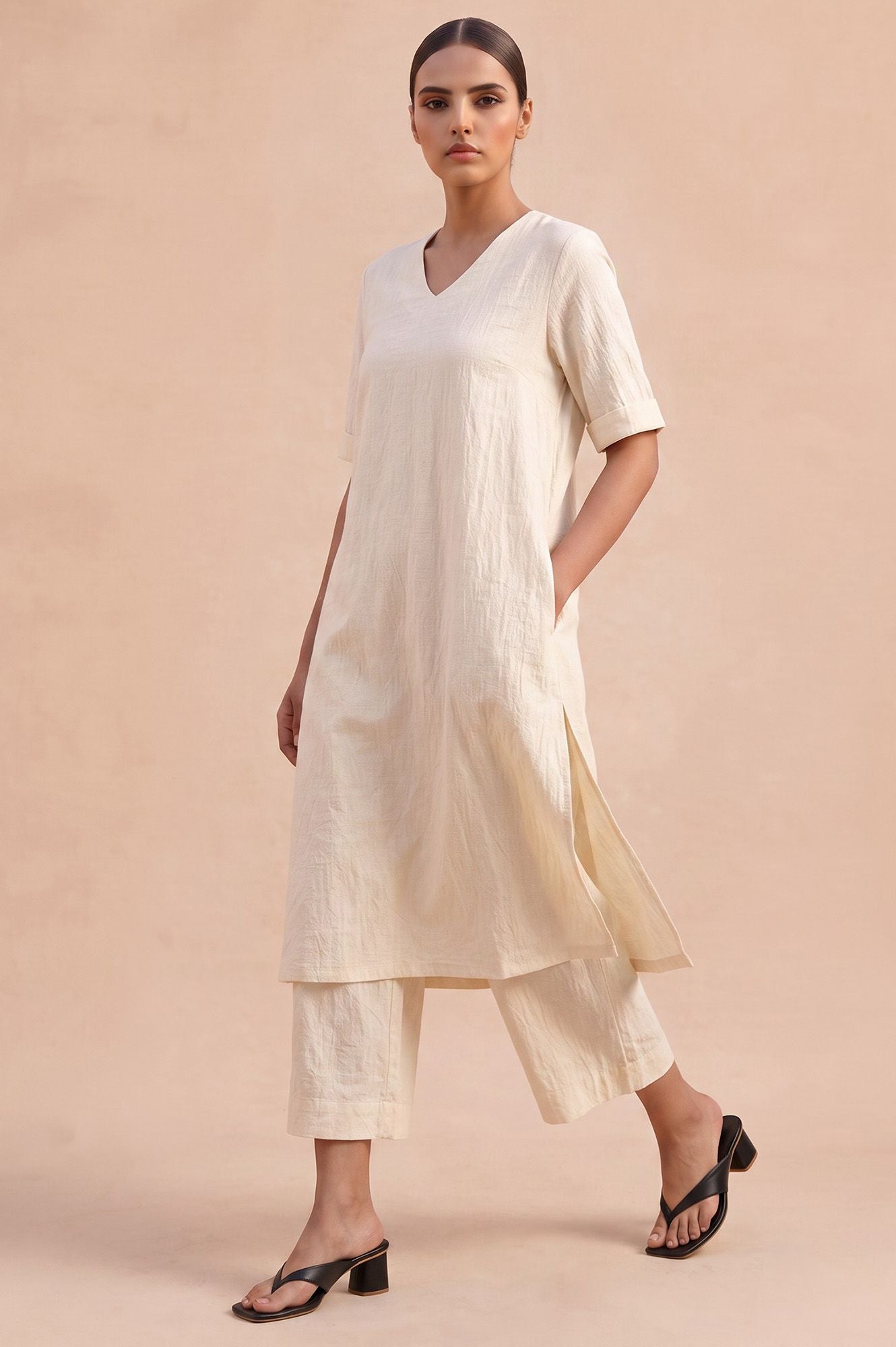 Boardroom Elegance Textured Stright Kurta &amp; Flared Pant Set