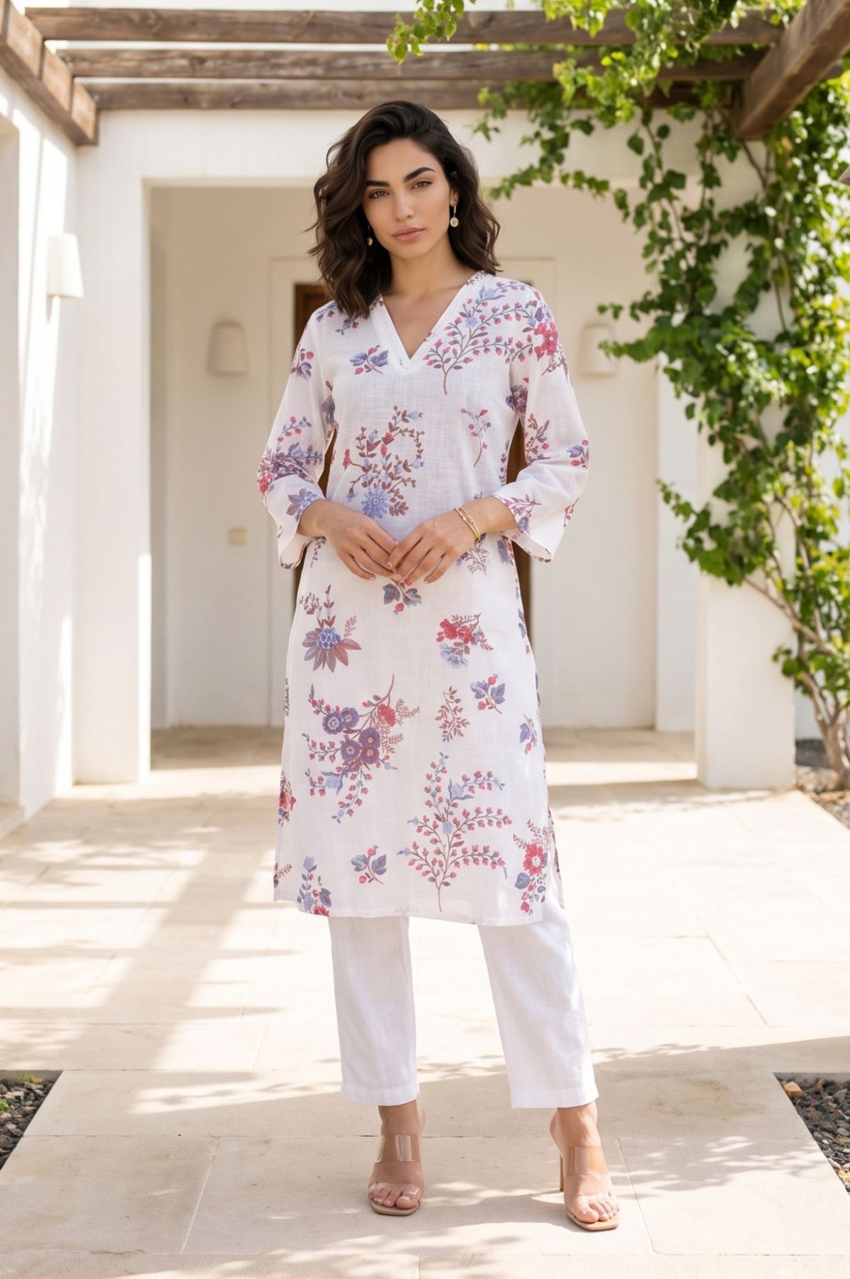 White Floral Printed Pure Cotton Straight Kurta with Pants and Dupatta Set