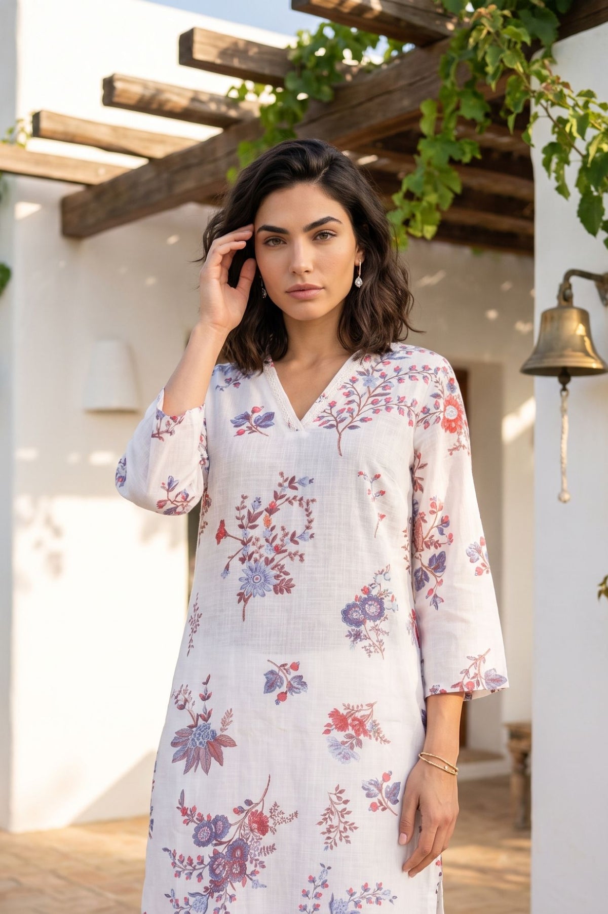 White Floral Printed Pure Cotton Straight Kurta with Pants and Dupatta Set
