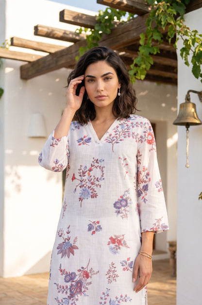 White Floral Printed Pure Cotton Straight Kurta with Pants and Dupatta Set