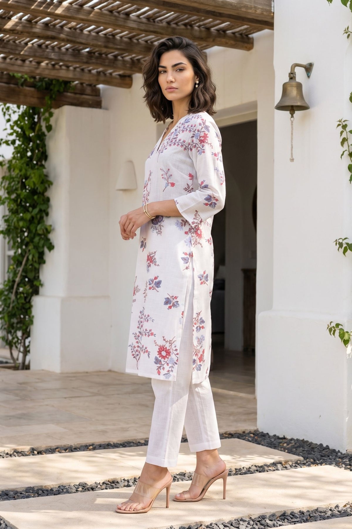 White Floral Printed Pure Cotton Straight Kurta with Pants and Dupatta Set