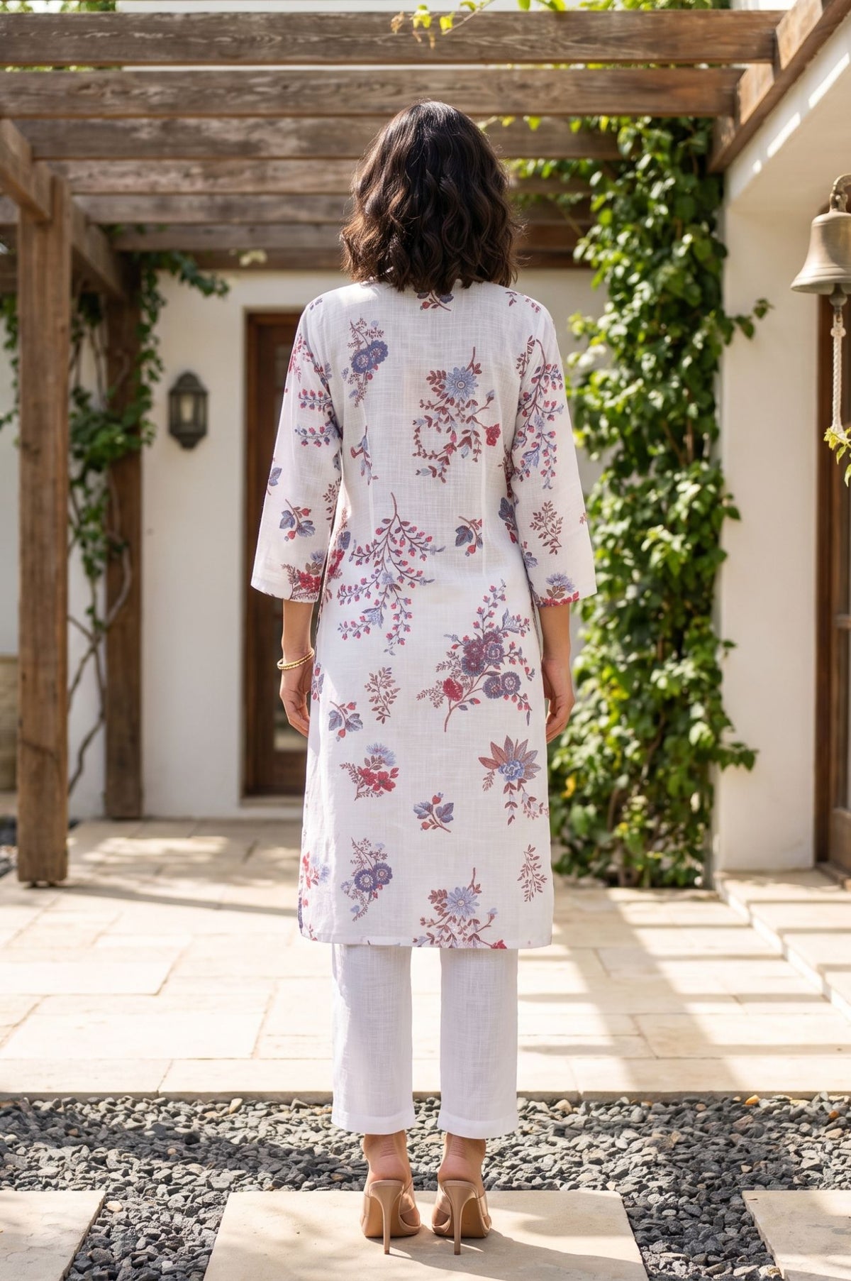 White Floral Printed Pure Cotton Straight Kurta with Pants and Dupatta Set