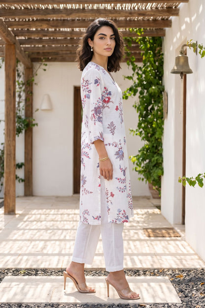 White Floral Printed Pure Cotton Straight Kurta with Pants and Dupatta Set