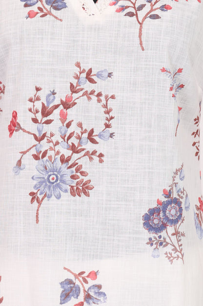 White Floral Printed Pure Cotton Straight Kurta with Pants and Dupatta Set
