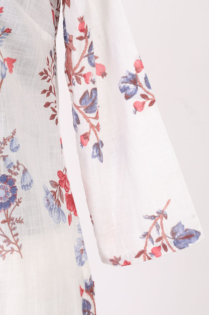White Floral Printed Pure Cotton Straight Kurta with Pants and Dupatta Set