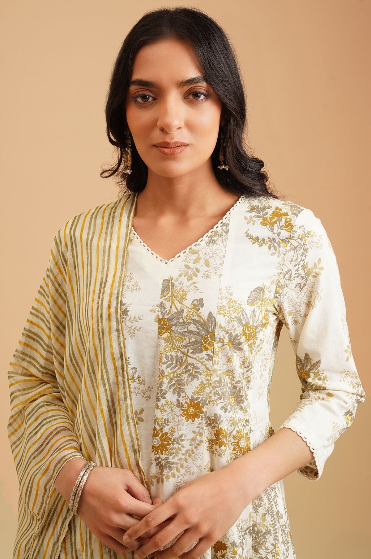 Off White Floral Printed Lace Pure Cotton A-line Kurta with Straight Pants and Dupatta Set