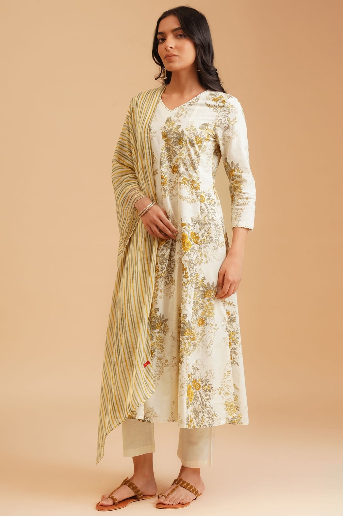 Off White Floral Printed Lace Pure Cotton A-line Kurta with Straight Pants and Dupatta Set