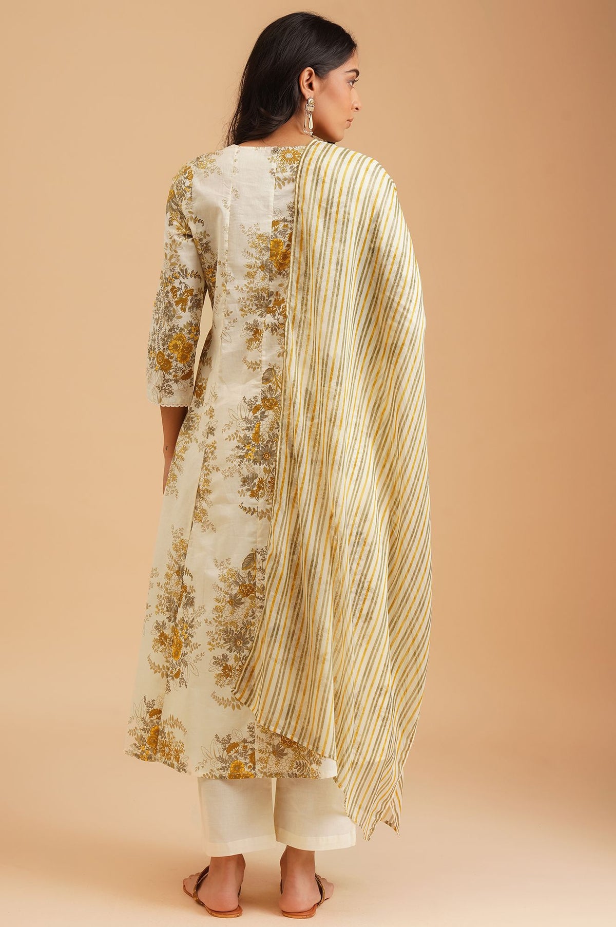 Off White Floral Printed Lace Pure Cotton A-line Kurta with Straight Pants and Dupatta Set