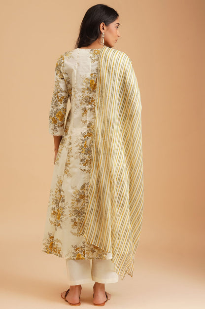 Off White Floral Printed Lace Pure Cotton A-line Kurta with Straight Pants and Dupatta Set