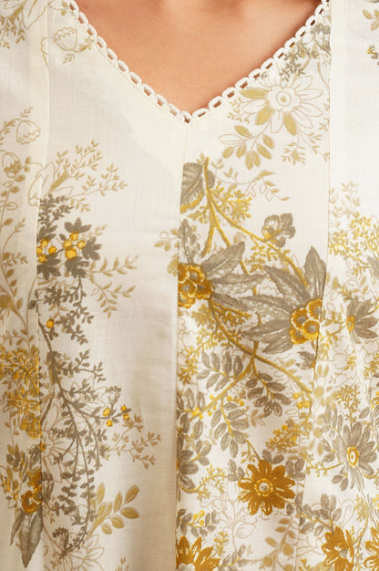 Off White Floral Printed Lace Pure Cotton A-line Kurta with Straight Pants and Dupatta Set