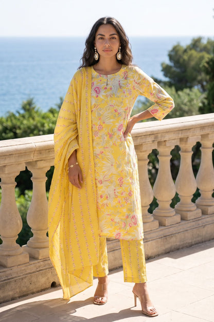 Yellow Floral Printed Pure Cotton Straight Kurta with Straight Pants and Drape Set