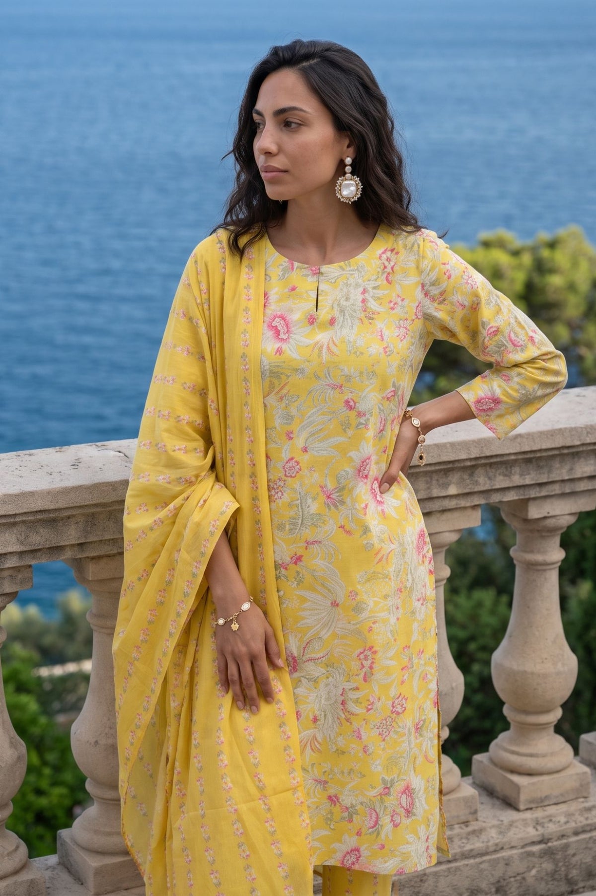 Yellow Floral Printed Pure Cotton Straight Kurta with Straight Pants and Drape Set