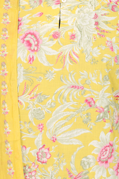 Yellow Floral Printed Pure Cotton Straight Kurta with Straight Pants and Drape Set