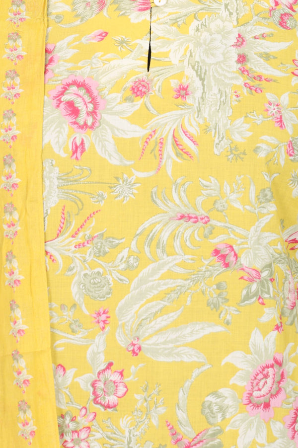 Yellow Floral Printed Pure Cotton Straight Kurta with Straight Pants and Drape Set