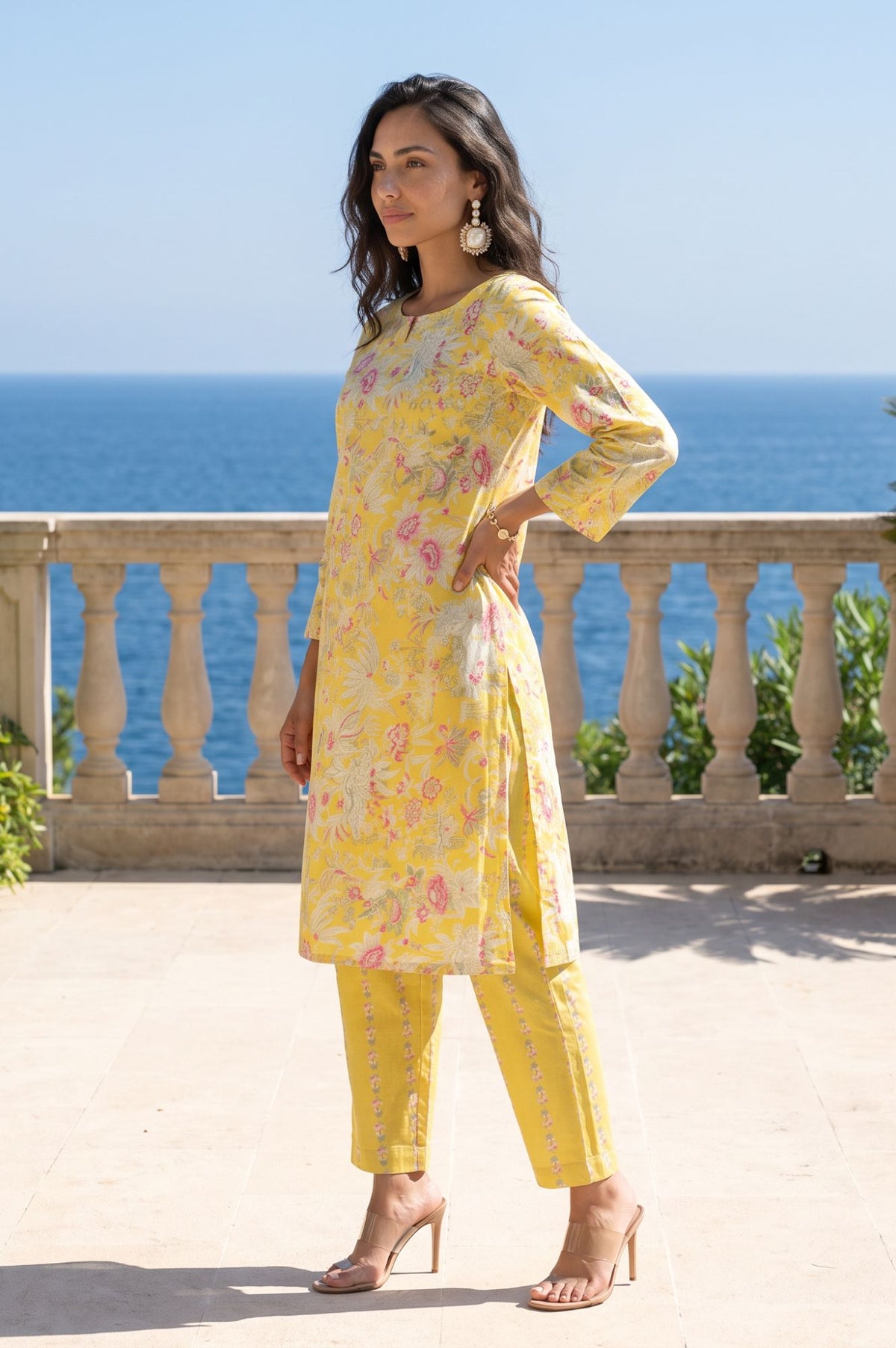 Yellow Floral Printed Pure Cotton Straight Kurta with Straight Pants and Drape Set