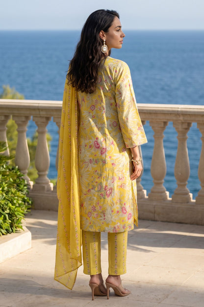 Yellow Floral Printed Pure Cotton Straight Kurta with Straight Pants and Drape Set