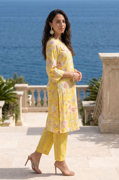 Yellow Floral Printed Pure Cotton Straight Kurta with Straight Pants and Drape Set